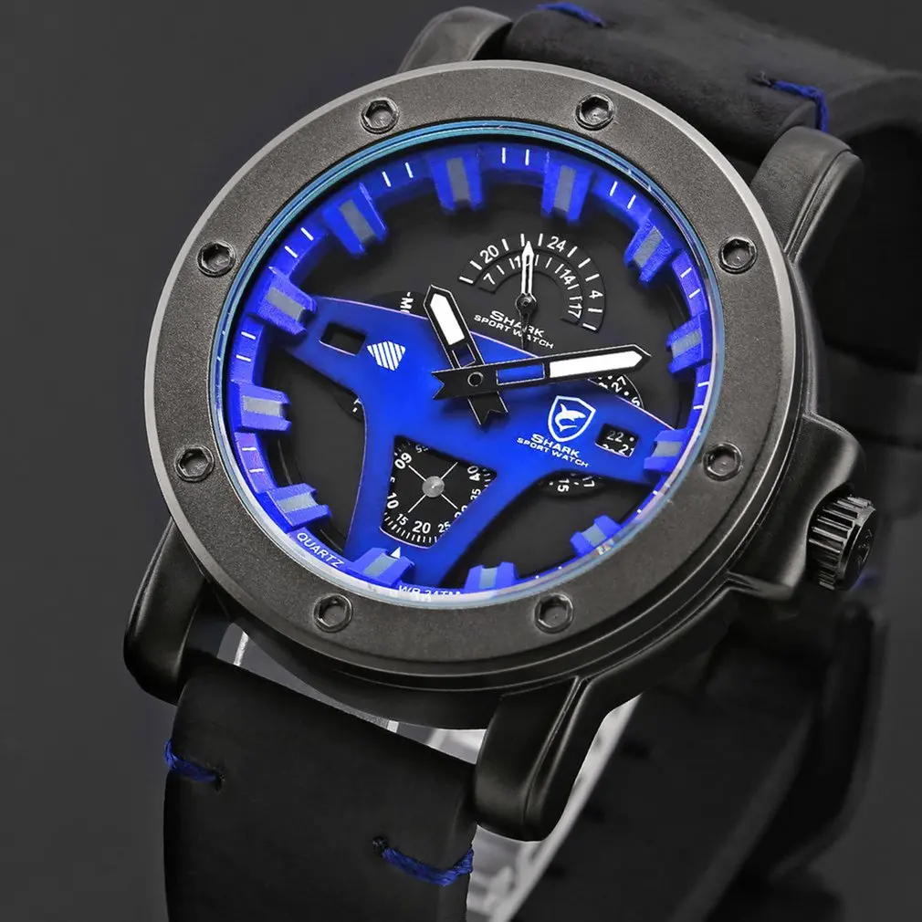 Blue SH456 Гренландская Акула 2 серии спортивные часы Креативный дизайн Черная Дата Crazy Horse кожа кварцевые мужские часы Masculino Relogio/SH452 - Цвет: Blue SH456
