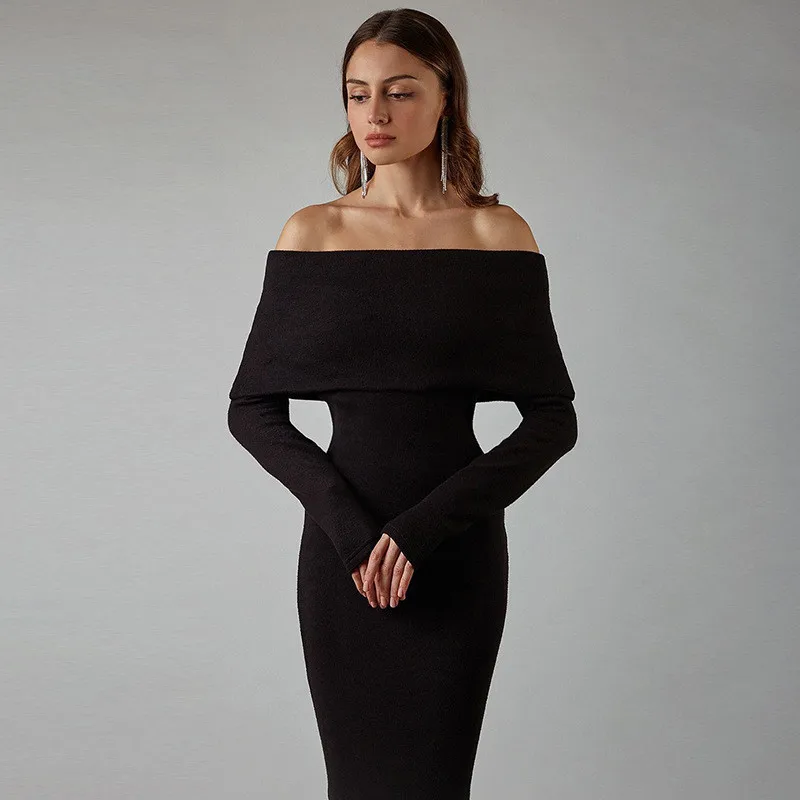

2021 Autumn Midi Dress Women Fashion Slash Neck Long Sleeve Solid Color Off Shoulder Bodycon Prom Gown Female Party Dress Robe