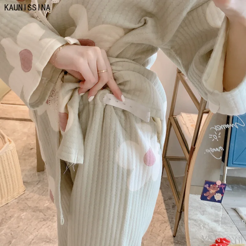 

Women Sleepwear Set Pregnant Nursing Pajamas Set Long Sleeve Floral Pocket Lounge Pajamas Autumn Nightwear Suit Winter Homewear