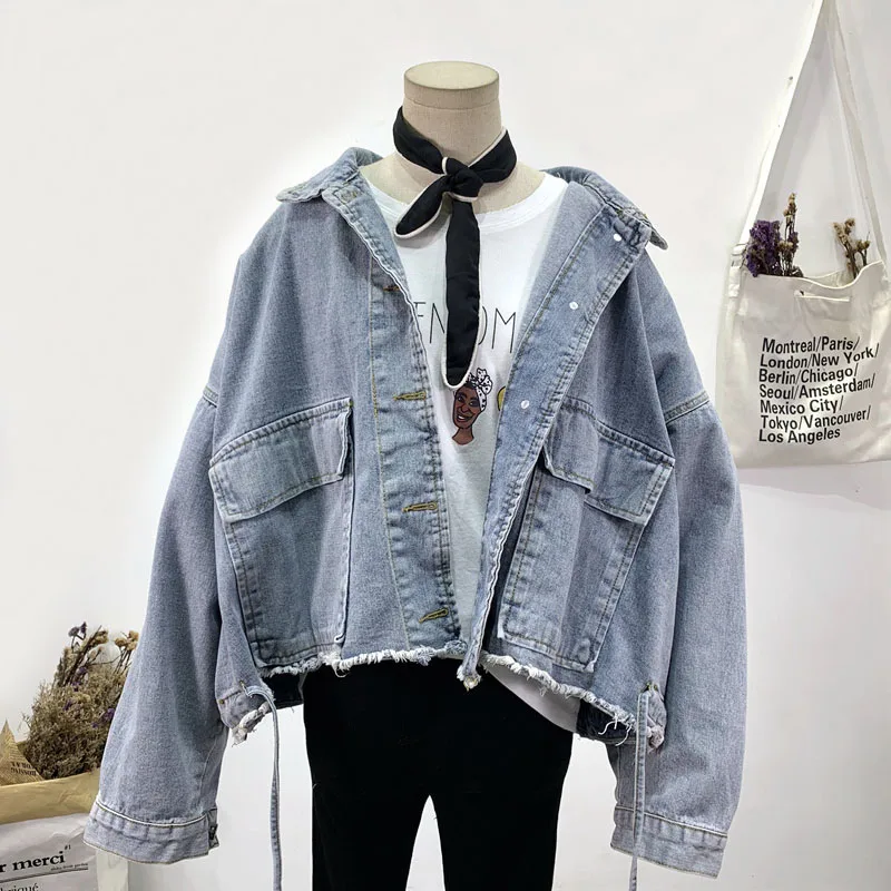 

Korean Oversized Dark gray Frayed Hem Vintage Women Denim Jacket New Spring Loose Long sleeve Big pocket Casual Jaqueta Feminina