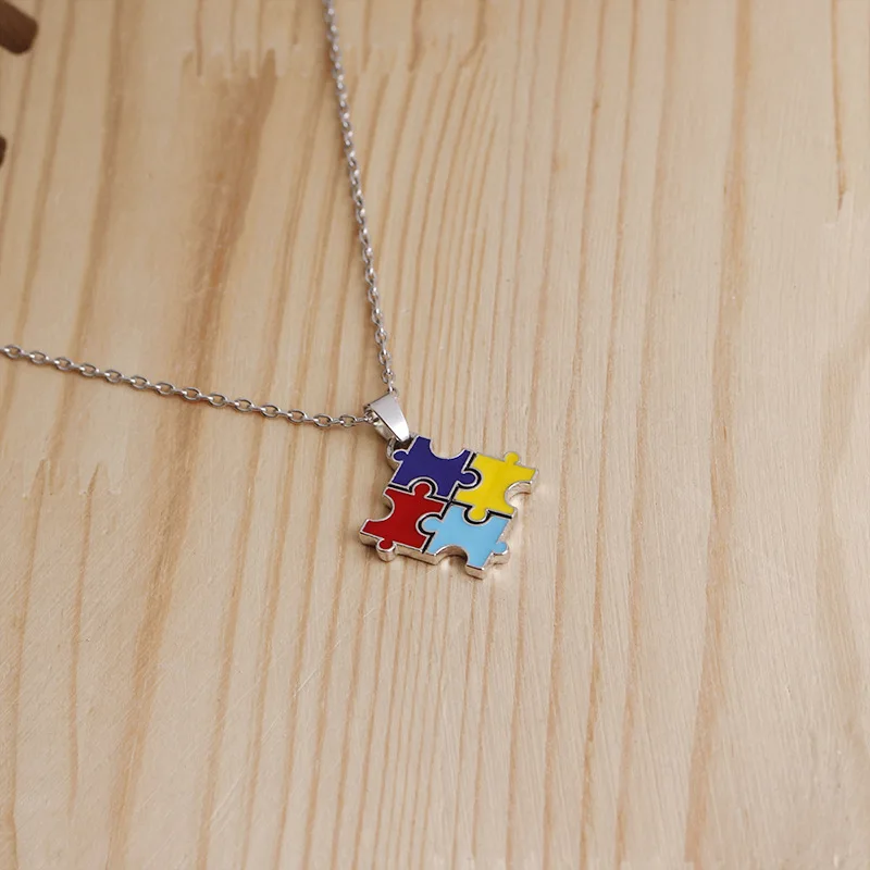 

5 Enamel Colorful jigsaw puzzle pendant necklace Cartoon Kawaii Cubic best friend family gift colorful autism awareness jewelry