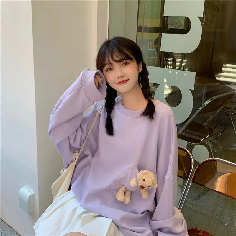 

2021 Fashion Harajuku Winter Bear doll Hoodie Women Loose Korean Style Sweatshirt Streetwear Flower Printing Hoodies Pullovers