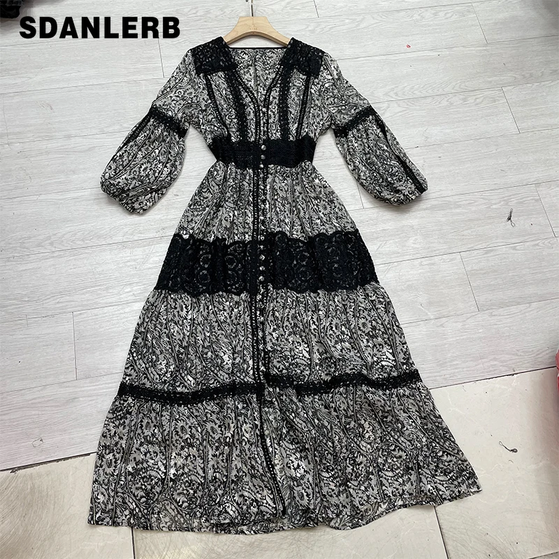 

2021 Summer New Elegant Lady Dress Jacquard Single-Breasted Half Sleeve Maxi Dress Women's Vintage Patchwork Long Dress