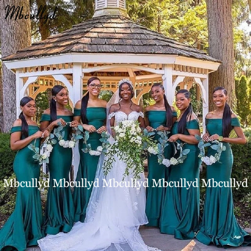 

Зеленые платья подружки невесты с юбкой-годе 2023, платья с открытыми плечами и шлейфом для свадебной вечеринки, индивидуальное платье для выпускного вечера