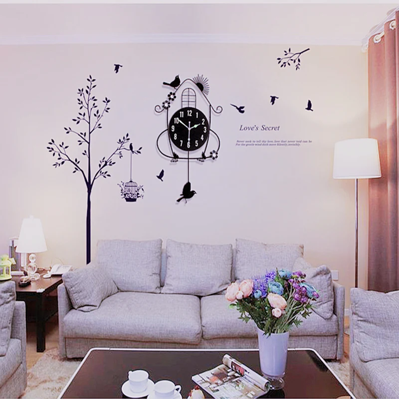 

DIY black iron swing hanging bird house Pastoral durable electronic Clock wall living room large wall arts and crafts