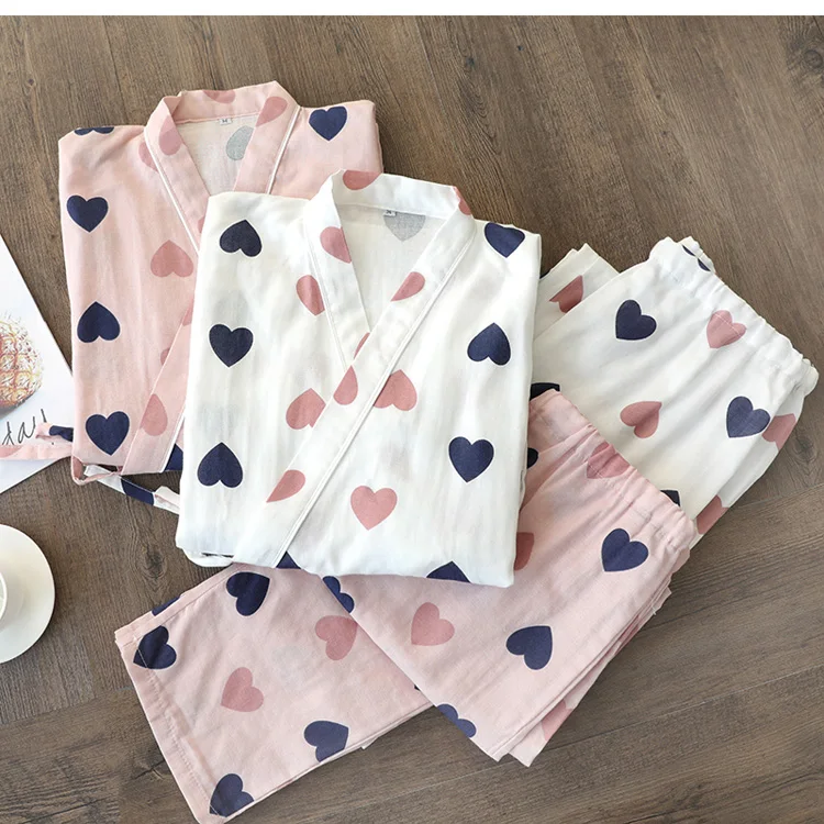 Japanese kimono Cotton Women Pajamas Sets Pyjama Cute Cartoon Button Top+Pants 2Pcs /lot Pijama Sleepwear Lounge Wear | Женская одежда
