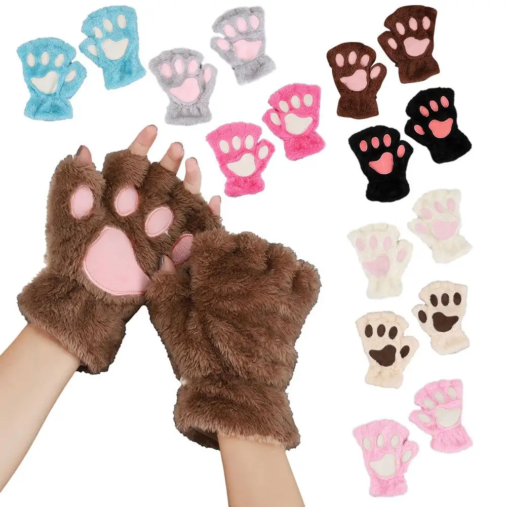 

Women Warm Half Finger Gloves Cute Cartoon Cat Paw Embroidery Anime Kitten Winter Thicken Fuzzy Plush Fingerless Mittens