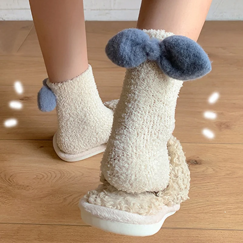 

Thicken Coral Fleece Plush Short Socks for Women Girls Lovely Bow Sleeping Socks Autumn Winter Soft Warm Middle Tube Socks