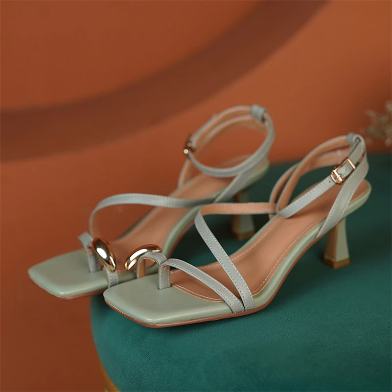 

Meotina Shoes Women Real Leather Sandals Ankle Strap High Heel Sandals Buckle Thin Heel Shoes Square Toe Ladies Footwear Summer