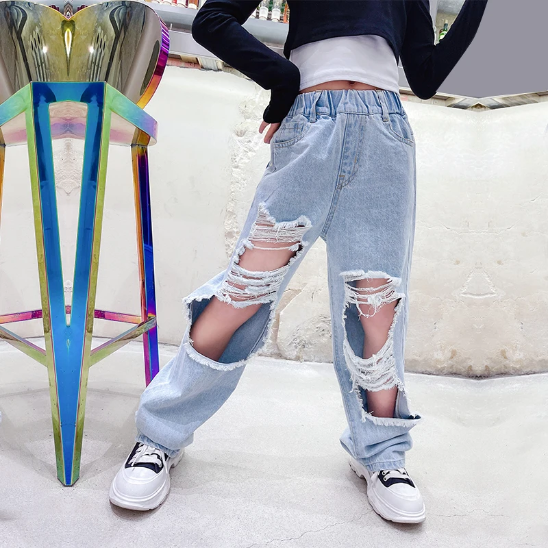 Spring teen Girls Jeans Ripped Light Blue Denim Trousers Broken Holes High Waist Wide Leg Pants Summer 5-14 Big Childrens Wear