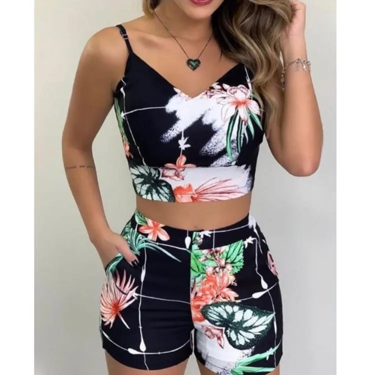 

Summer Woman Outfit Fashion Two Piece Set Sleeveless Print Top + Shorts Shorts Sets Women Party Wear Plus Size Sets 5 Colors