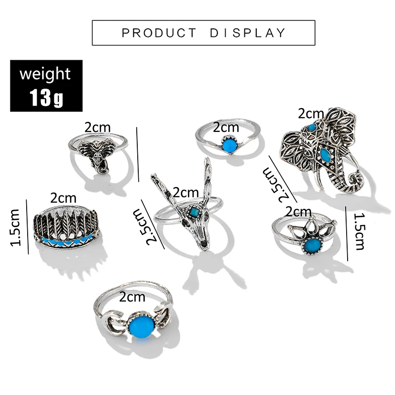 Комплект серебряных Ретро колец 7 шт. индийские перья слон амулет набор для