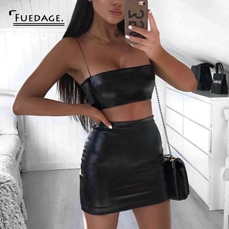 Fuedage лето 2019 сексуальное платье из искусственной кожи женские черные облегающие