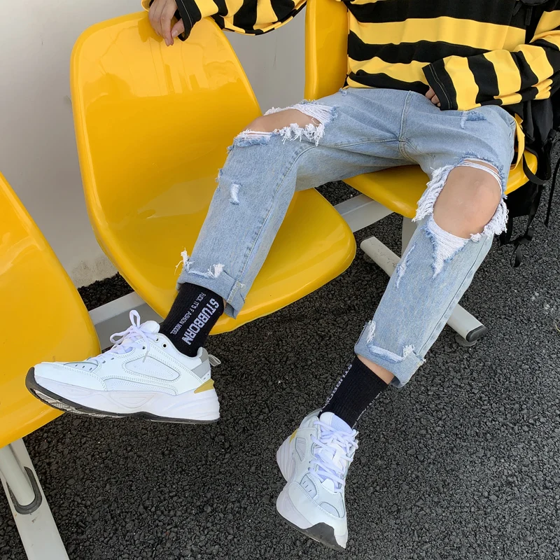 

Men Streetwear Wild Hip Hop Denim Trousers Mens Summer Jeans Men's Slim Fashion Washed Solid Color Casual Hole Jean Pants