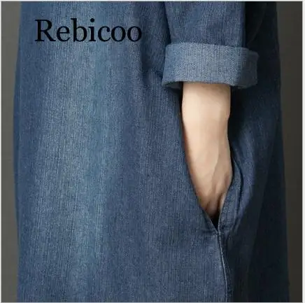 

Spring New Denim Long Dress 2020 Loose Turn-down collar Long Sleeve Cotton Blue Dress