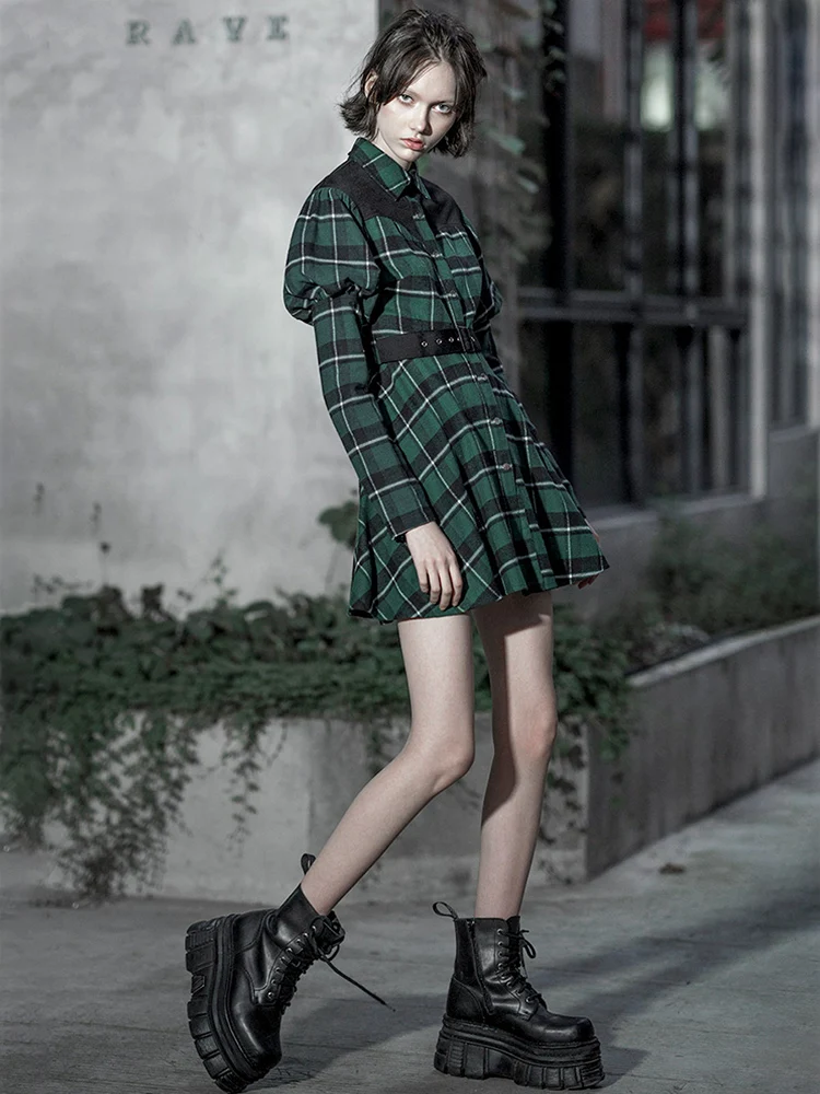 Панк рейв Женская гранж с пышными рукавами зеленый плед платье рубашка поясом PQ