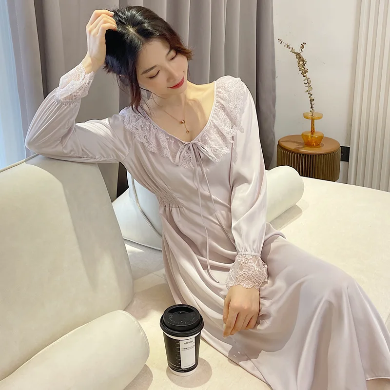 Fdfklak Summer New Sexy Nightgown Satin Long Sleep Dress For Women 2022 Spring Thin Lace Lingerie Loose Sleepwear Homewear