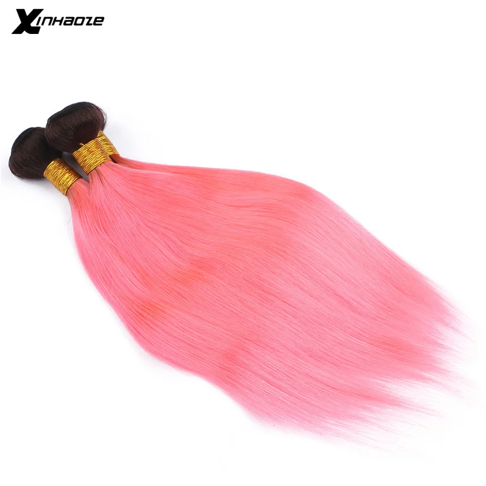 

Xinhaoze Brazilian Remy Human Hair 2 Tone Dark Roots Ombre Pink Hair 3 Bundles With Lace Closure 1B/Pink Body Wave Color Hair