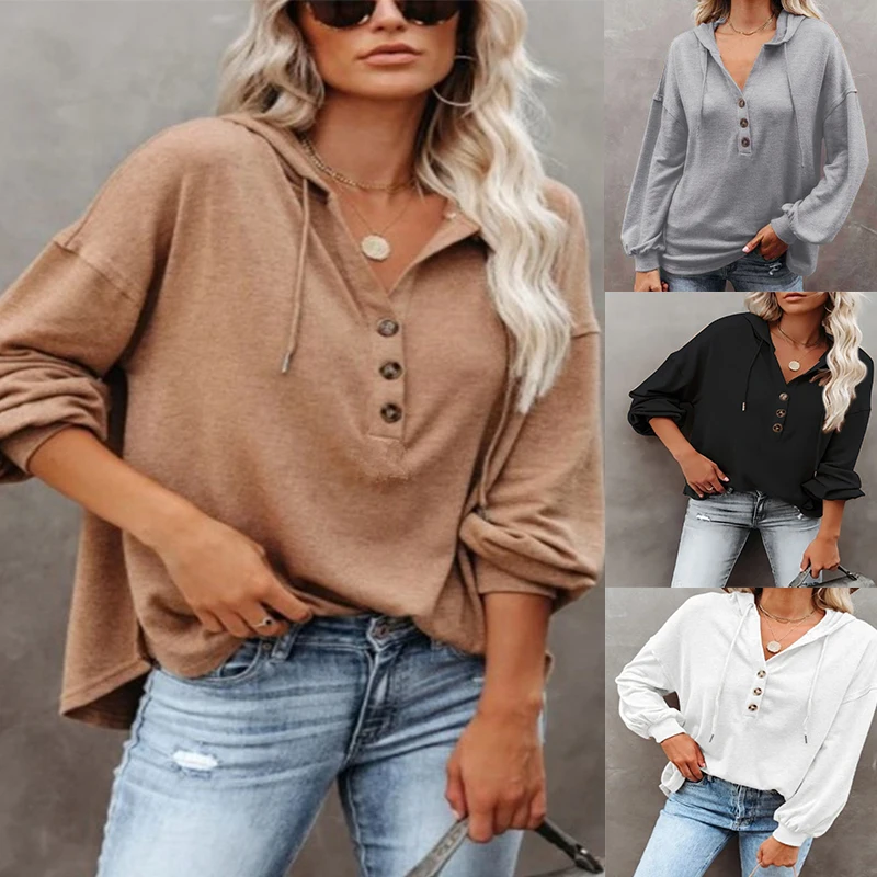 

Women'S Fashion Solid Color Hooded Lace-Up Drawstring Long Sleeve Button Sweatshirt