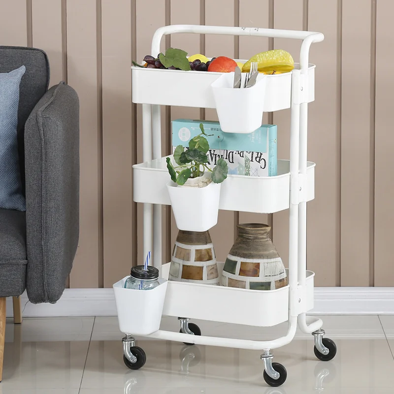 

3 Tier Detachable Rolling Storage Cart Mobile Shelving Unit Organizer With Bend Pipe Handle Lockable Casters Cups Hooks Included