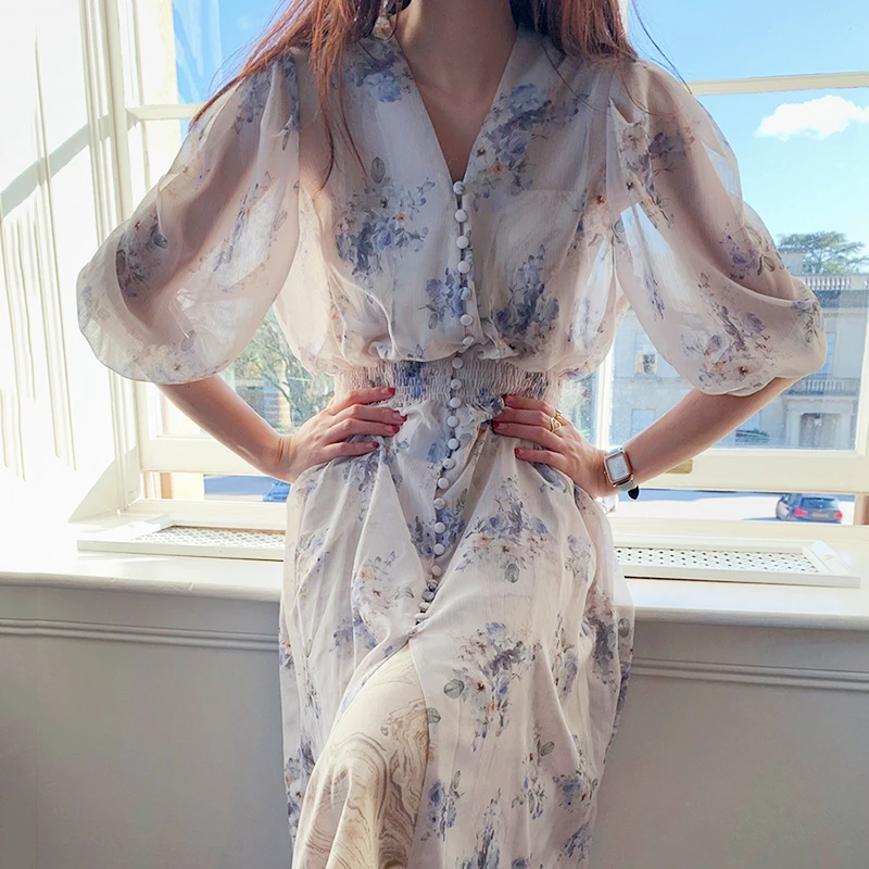 

Sannian Women Dress Summer Vintage Palace Style Small Floral V-neck Single-breasted Short-sleeved Chiffon Dresses Women Clothes