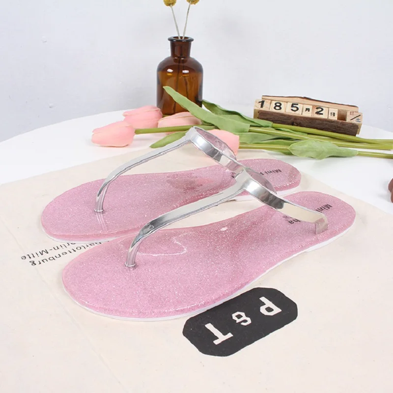 Pink Модные Женские тапочки; Вьетнамки; женские шлепанцы без задника с открытыми пальцами; прозрачная Пластик летняя одежда для ношения на улице, повседневные на нескользящей подошве женская обувь - Цвет: Pink