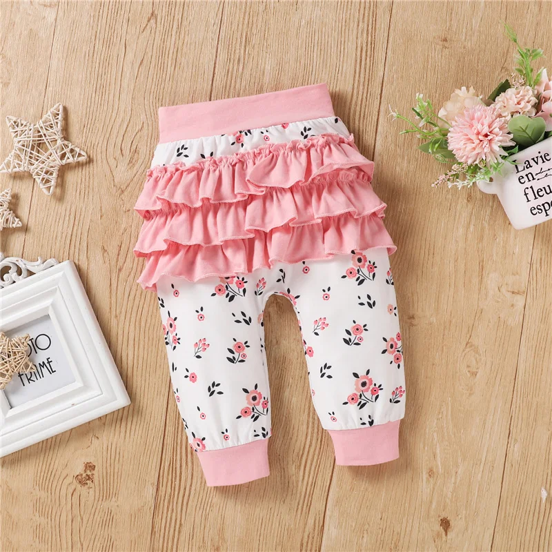 

0-2Year 4Pcs Newborn Baby Girls Color Block Cotton Clothes Sets,Floral Fly Sleeve O-Neck Rompers+Ruffle Pants+Bowknot Headband