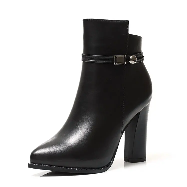 

New Women Classic High Heel Pointed Toe Ankle Boots Fashion Zipper Dress Boots Short Plush Winter Black Genuine Leather Shoes