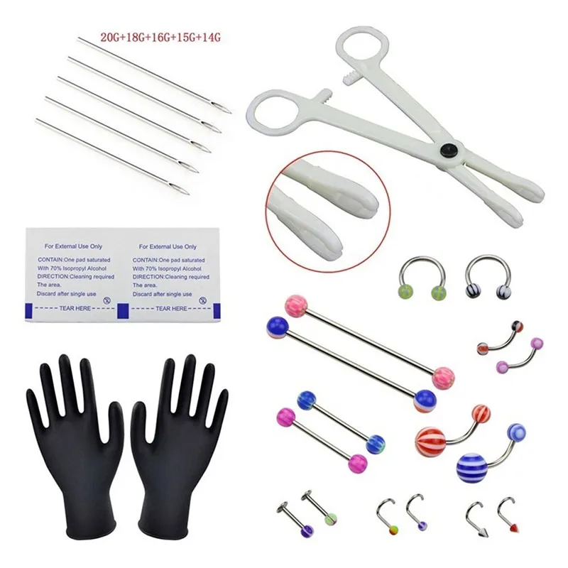 

Набор для пирсинга живота 14G с фианитами, профессиональные иглы для прокола пупка, набор инструментов для пирсинга, разные цвета из стали