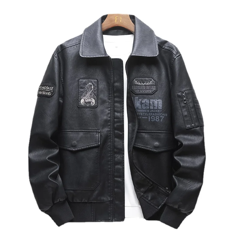 

Мужская куртка, осенняя, высококачественная, с вышивкой скорпиона, с отворотом, тренд ВВС, летчик, корейская мода, искусственная кожа, мотоци...