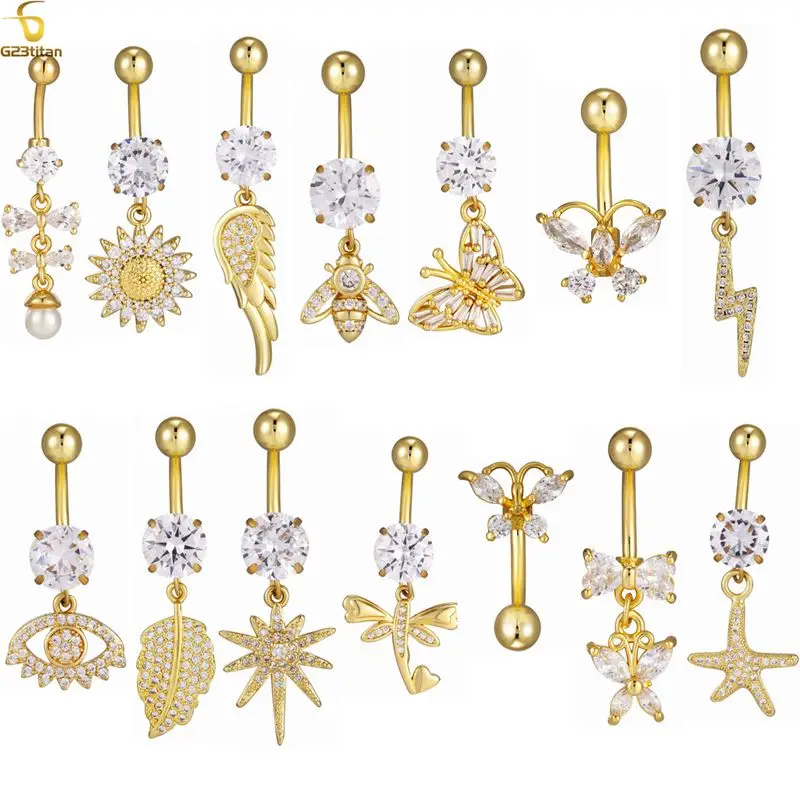 

14G Dangle Pendant Belly Button Ring Gold Plated Stainless Steel Barbell Golden Zircon Navel Earring Woman Sexy Piercing Jewelry