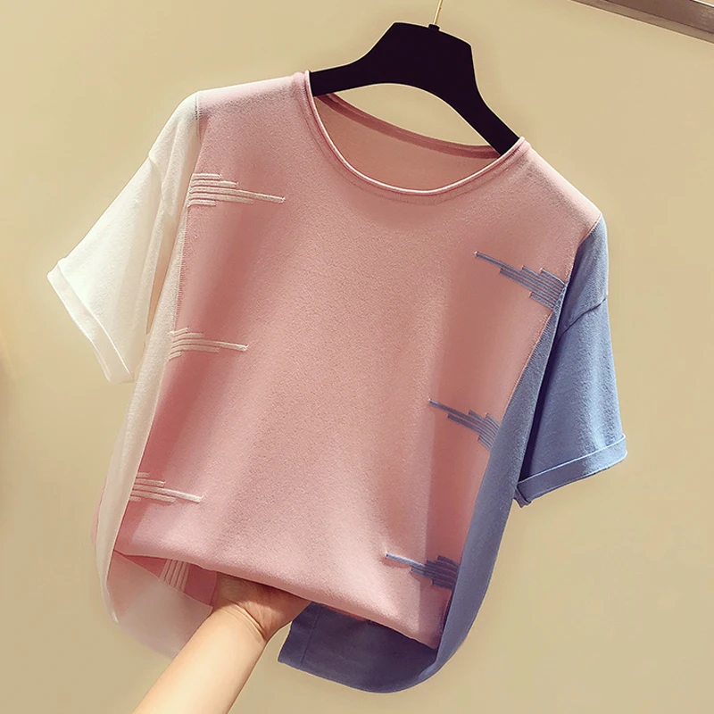 

shintimes Pink O-Neck T Shirts Women 2020 Summer Thin Knitted T-Shirt Women Casual Woman T-Shirts Hit Color Tops Tee Shirt Femme