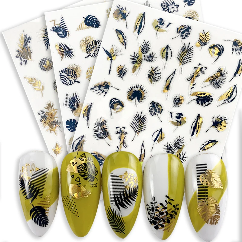 1pcs black laser gold Tropical Leaves 3D Nail Sticker Self Adhesive Manicure nail art decorations Decals supplies New year 2021