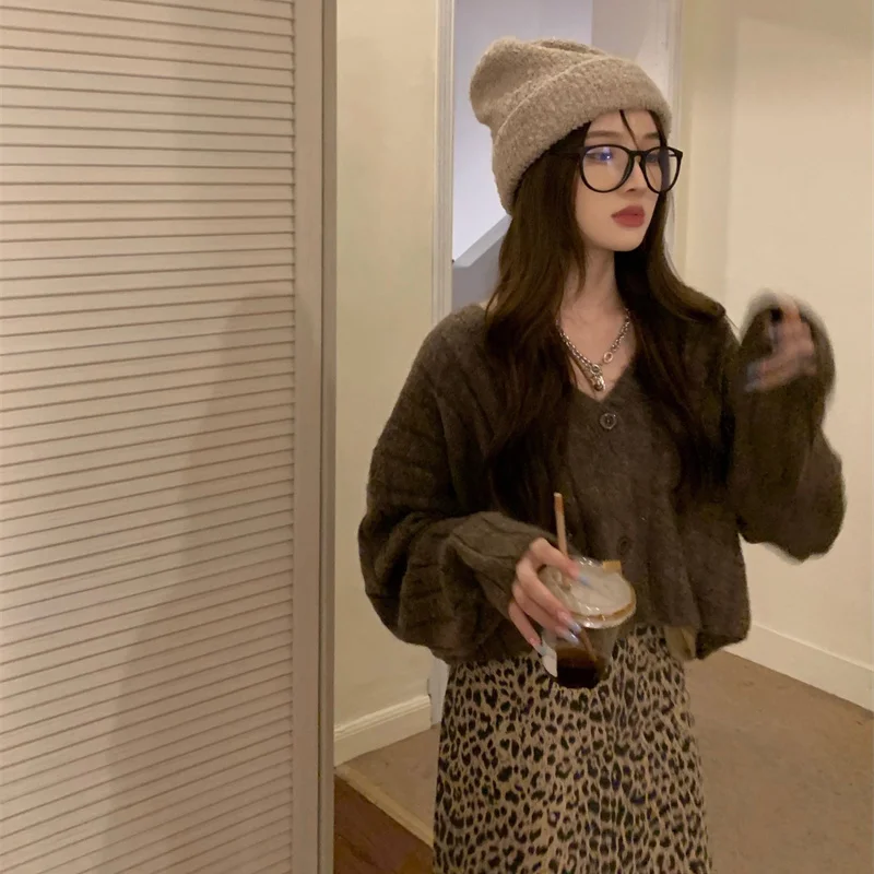 Женский корейский Кардиган кофейный однобортный шерстяной короткий вязаный