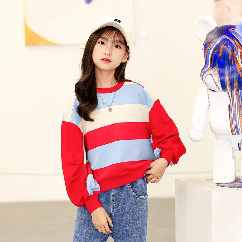 

New Girls Striped Patchwork Sweatshirt 2022 Autumn Children Pullover Casual Clothes Brief Mother and Daugther Cotton Tops, #6618