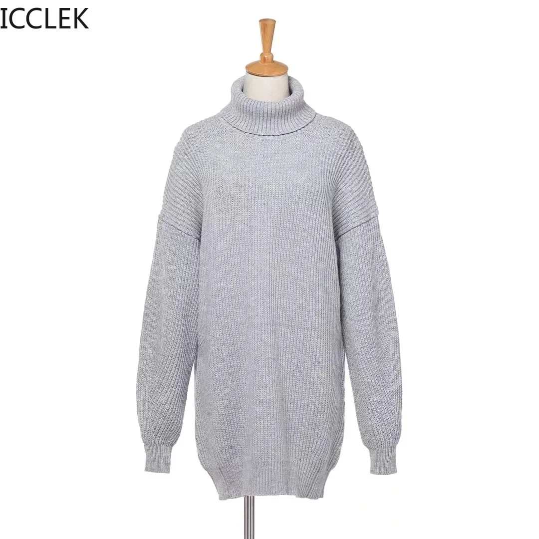 

ICCLEK New Autumn and Winter Women's High Neck Loose Lantern Sleeve Streetwear Casual Loose Knitted Sweater Tops