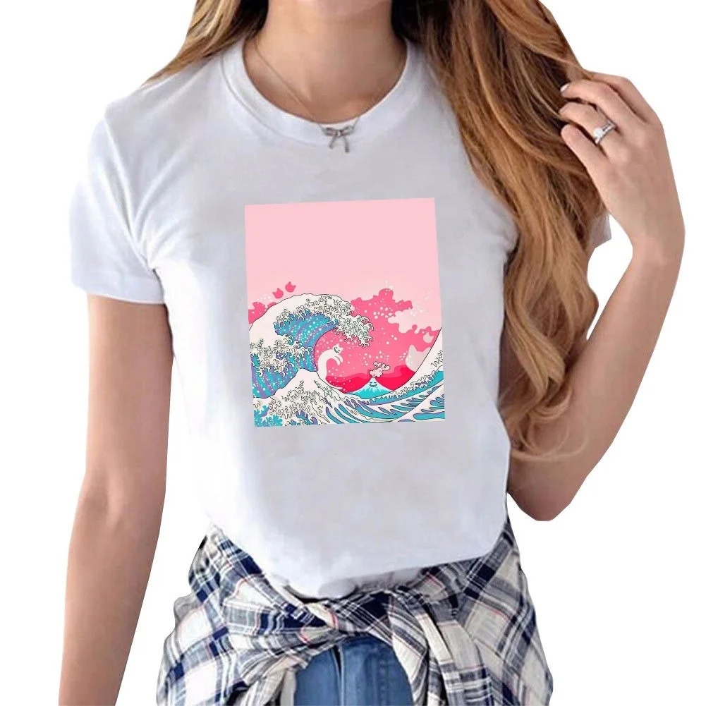 HAHAYULE-JBH Hokusai волнистая кошка забавная футболка женская летняя Милая футболка с графическим принтом Футболка с изображением кота Lover's Meme