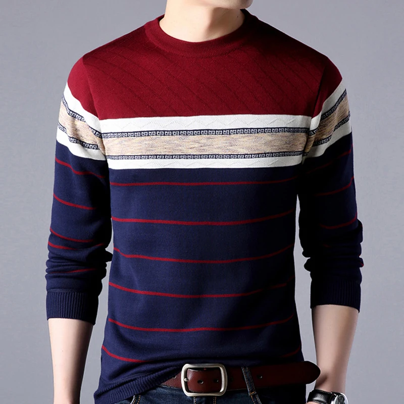 

Warm Winter Striped Sweater Men 2019 Thick Men's Pullover Sweater Plus Size Slim Long Sleeve Striped Fleece Pullover Men 4XL