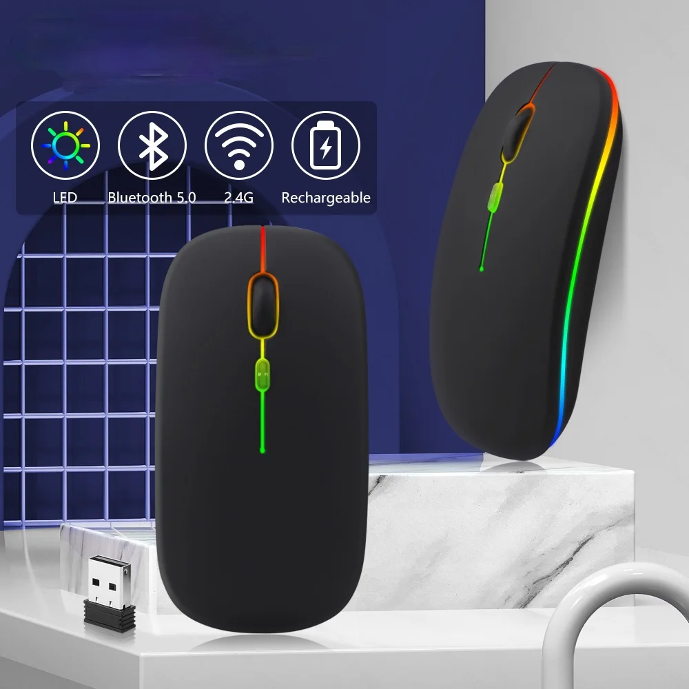 

Беспроводная мышь, Bluetooth перезаряжаемая мышь, ультратонкая Бесшумная игровая мышь со светодиодной Цветной подсветкой для iPad, компьютера, но...