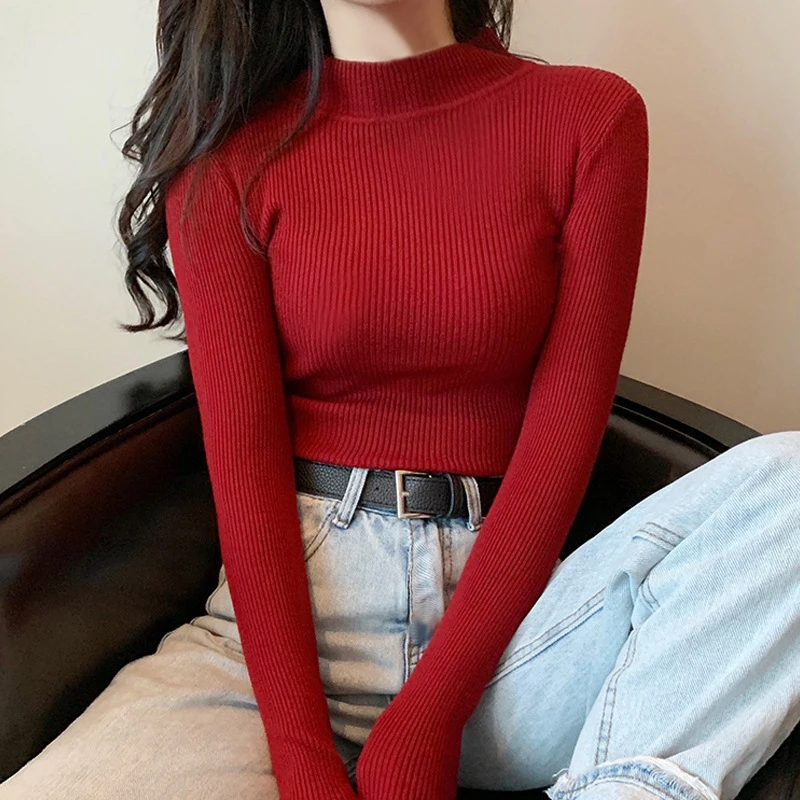 

Autumn Winter Women Pullovers Turtleneck Knitted Sweater Lady Tops Long Sleeve Short Slim Soft Warm Sweater For Young Girls Tops