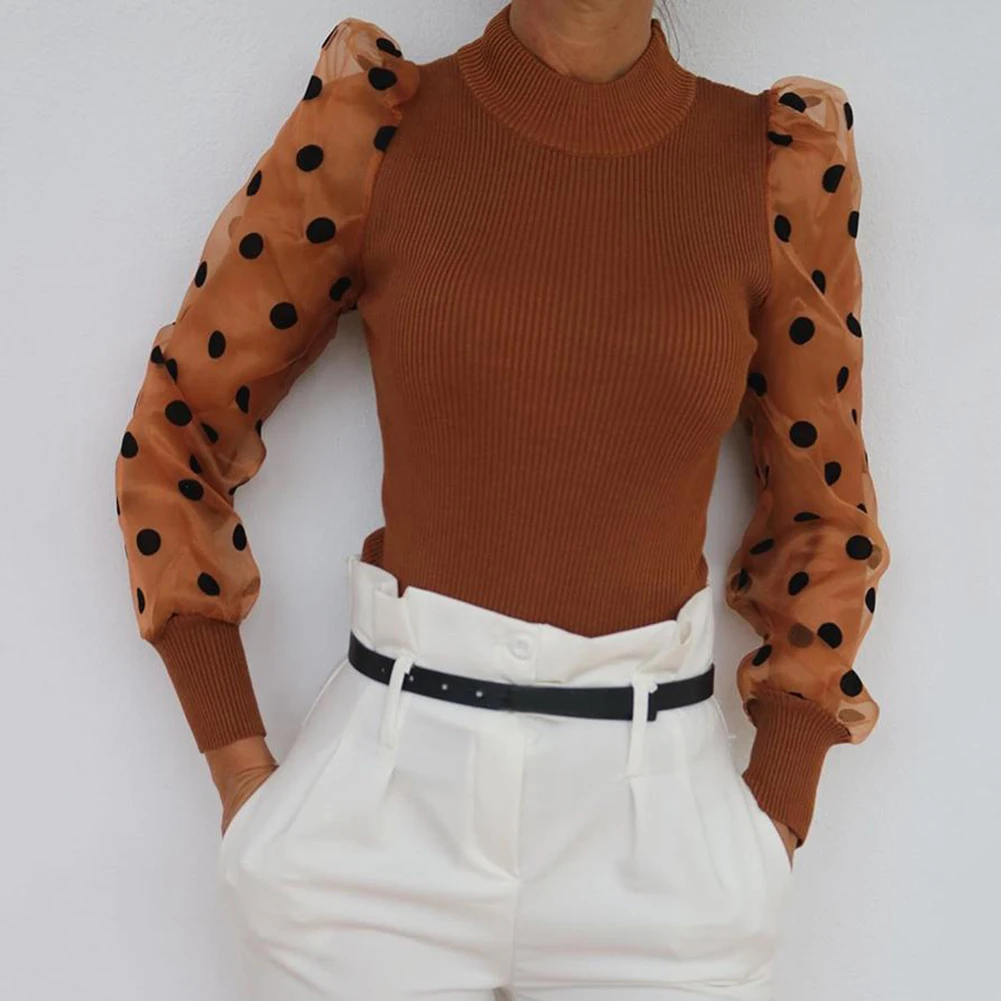 2019 Casual Dot Print Mesh Puff Sleeve Transparent Knitted Sweater Pullover Fall Winter Women Turtleneck Ribbed | Женская одежда