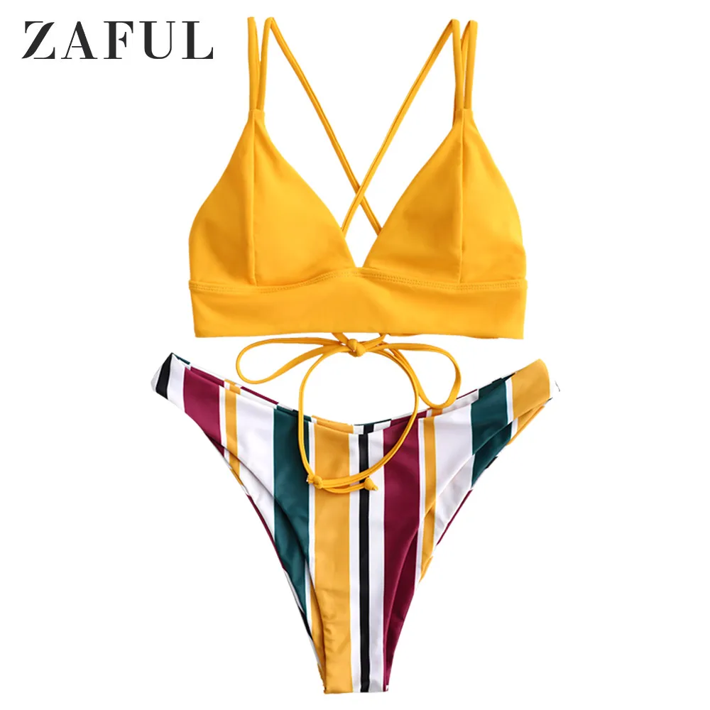 Bright Yellow ZAFUL бикини крест-накрест на шнуровке Мульти полосатый с высоким вырезом бикини Спагетти ремни Мягкий сексуальный купальник купальный костюм с пуш-ап - Цвет: Bright Yellow