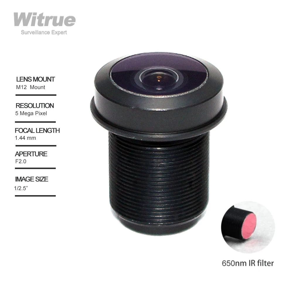 

Witrue Fisheye Lens 5 Mega Pixel 1.44mm F2.0 1/2.5" 180 Degree M12 Lenses with 650nm IR Filter for Action Security Camera