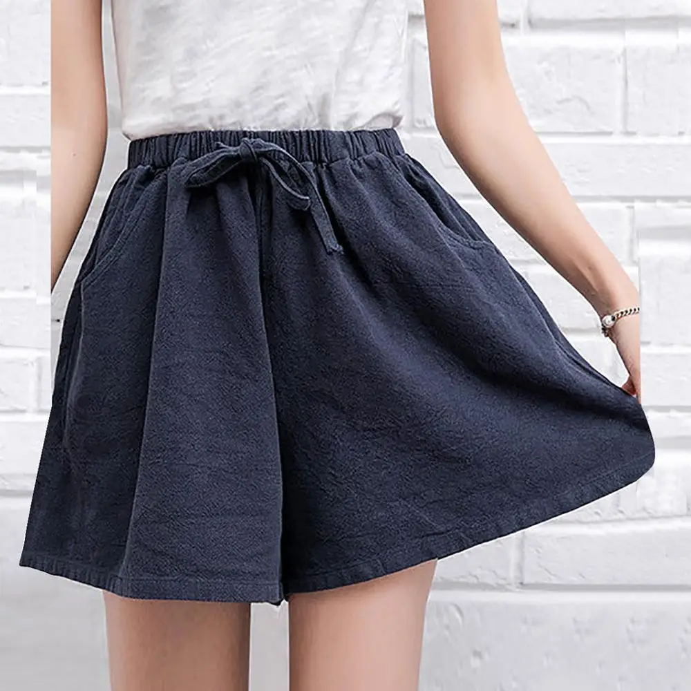 Женские летние шорты повседневные однотонные хлопковые и льняные с высокой