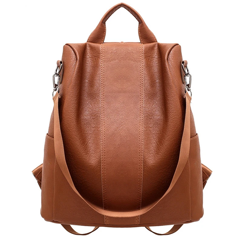 

2023 Retro PU Backpack Anti-Theft Backpack Waterproof Solid Color High Quality Simple Backpack Large Capacity Student Bag