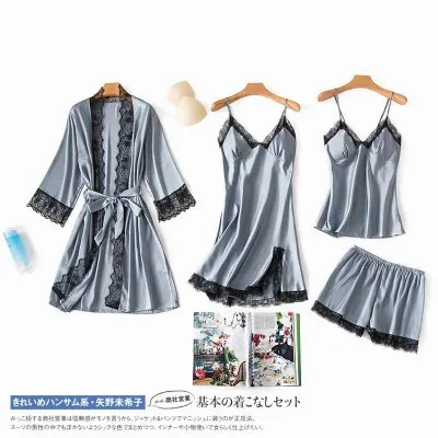 Женская шелковая пижама Daeyard атласная с кружевной отделкой и шорты 4 шт. Пижама