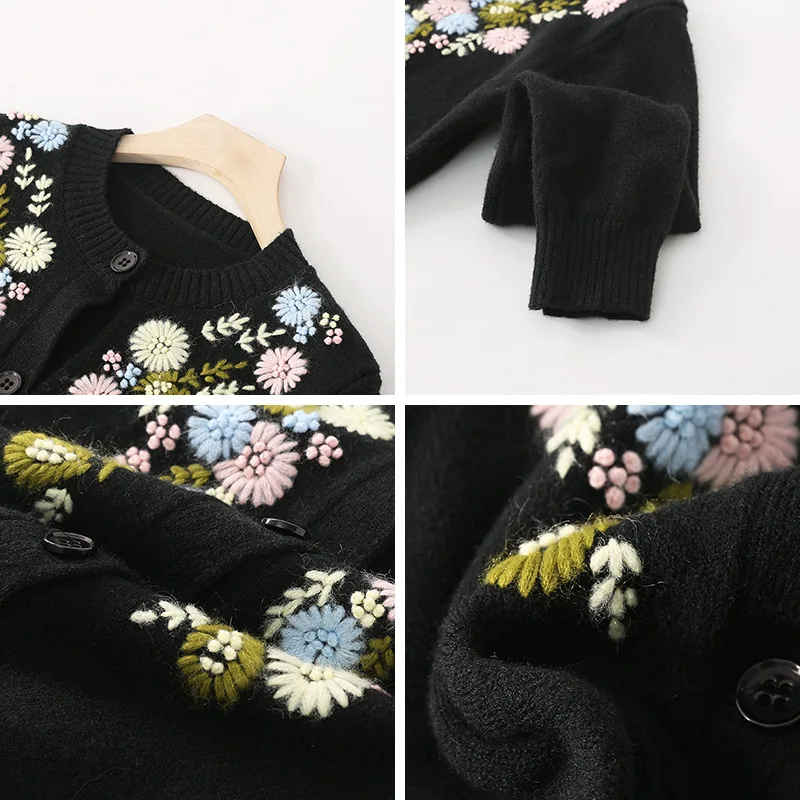 Свитер Для женщин с круглым вырезом Контраст разноцветные цветочной вышивкой 2020