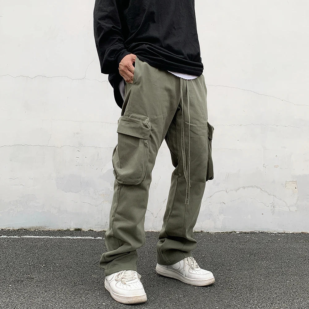 

Harajuku Side Pockets Streetwear Flare Pants Mens Drawstring Straight Washed Baggy Cargo Pants Hip Hop Loose Casual Trousers