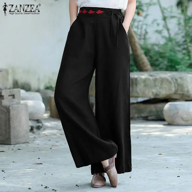 

2021 Embroidery Trousers Summer Elastic Waist Women Casual Solid Pants ZANZEA Cotton Vintage Lace-Up Wide Leg Pantalon Palazzo