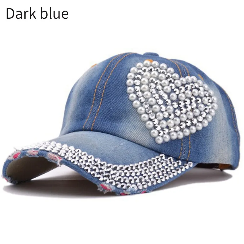 JNKET New Fashion Women Denim Baseball Cap Heart-shaped Diamonds Hip Hop Caps Sunhat Snapbacks Hats Gorras Baseball Casquette
